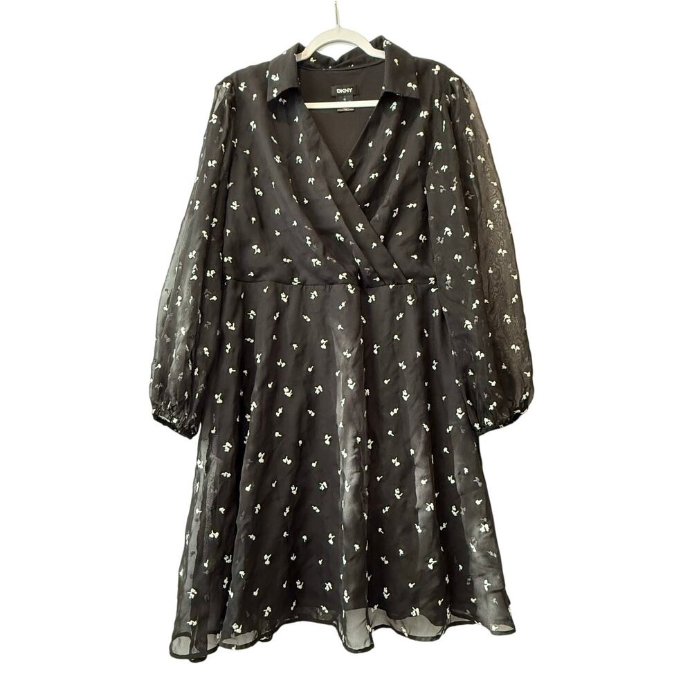 DKNY Womens Size 16 Dress Black with White Embroidered Flowers Long Sleeves